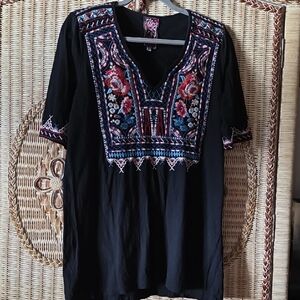 Johnny Was Black Top with Colorful Embroidery Sz M